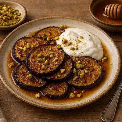 Gebackenes Auberginen-Dessert mit Honig, Zimt und Pistazien