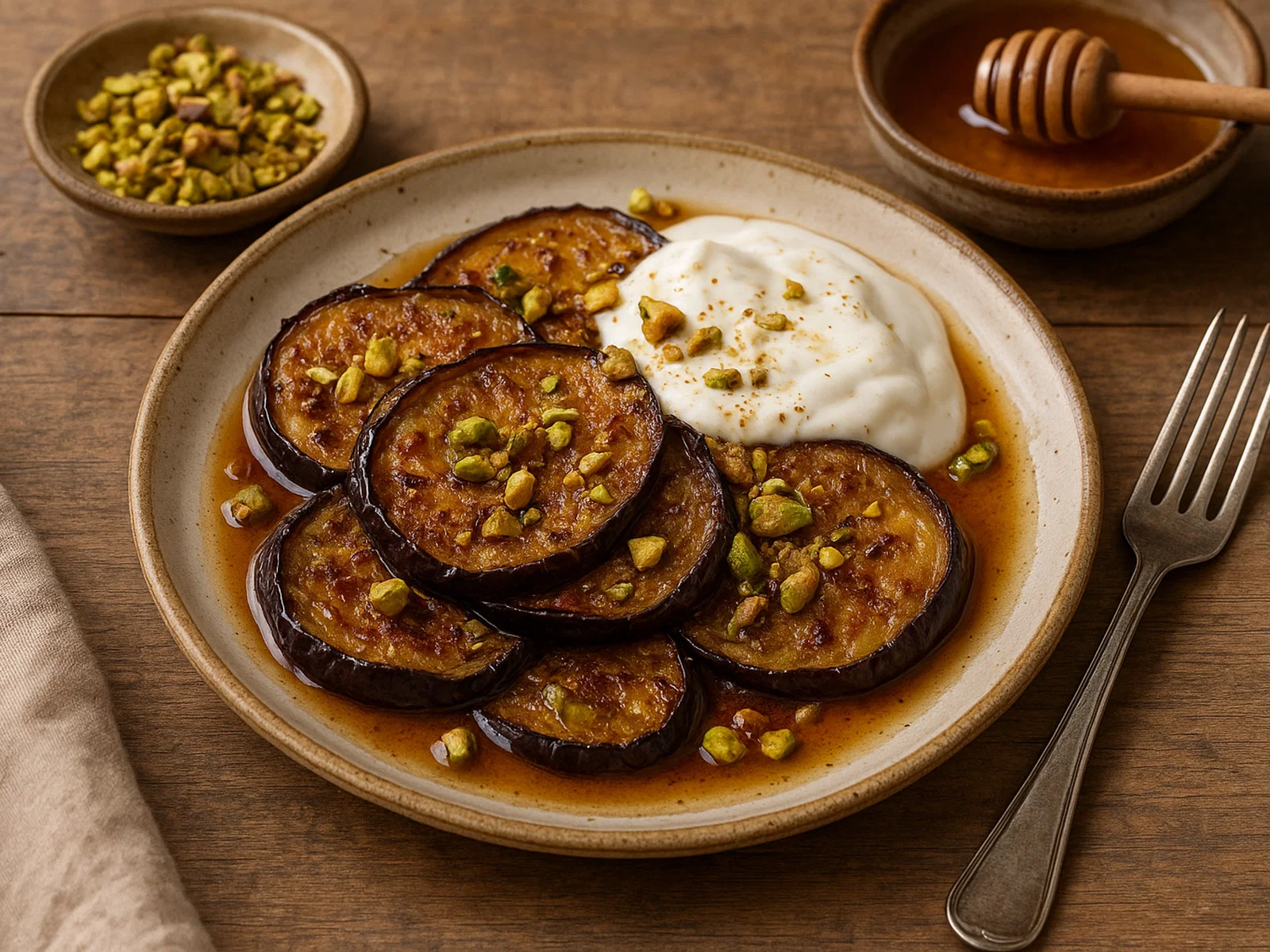 Gebackenes Auberginen-Dessert mit Honig, Zimt und Pistazien