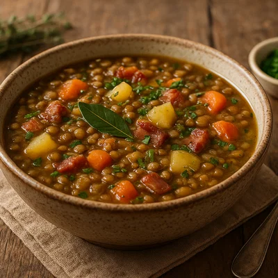 Herzhafte Linsensuppe mit Speck