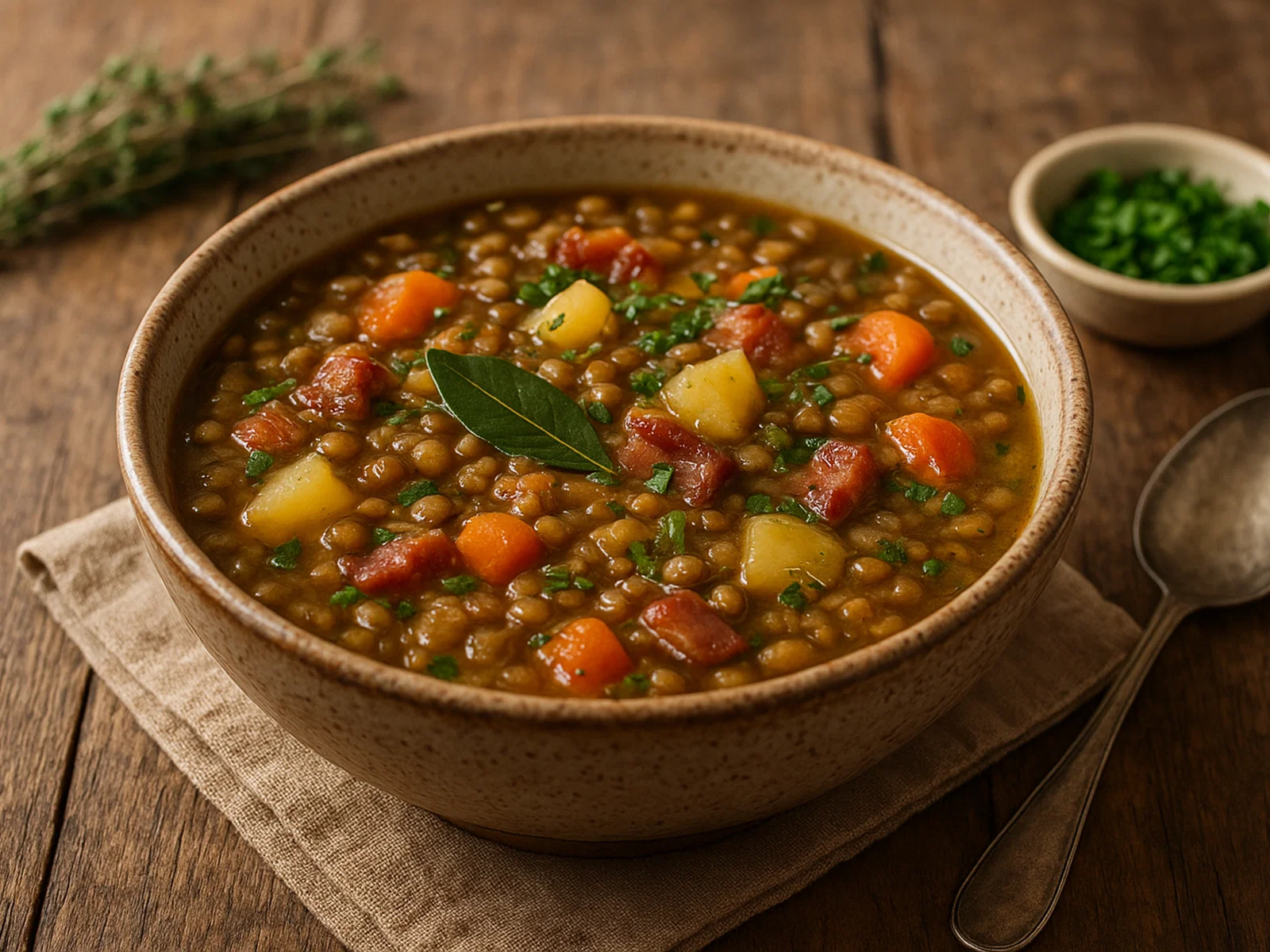 Herzhafte Linsensuppe mit Speck