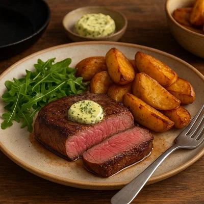 Kängurusteak mit Kräuterbutter und Ofenkartoffeln