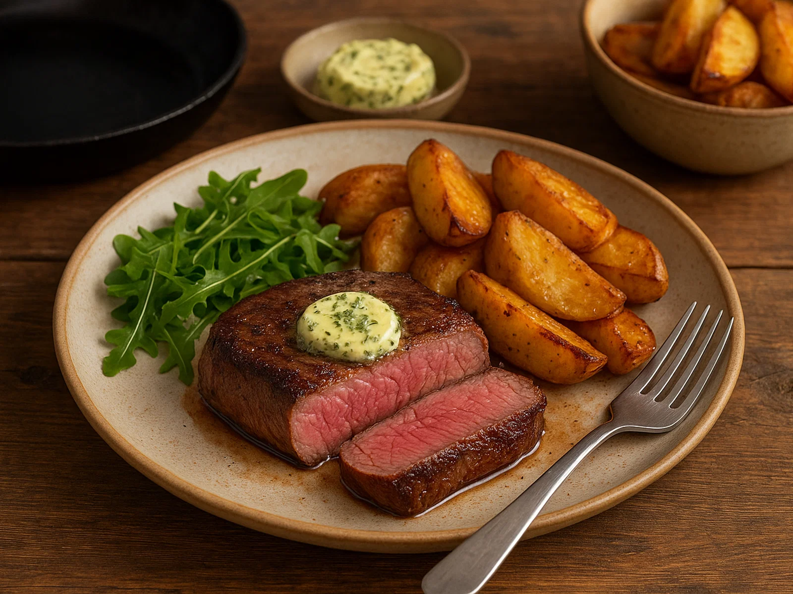 Kängurusteak mit Kräuterbutter und Ofenkartoffeln