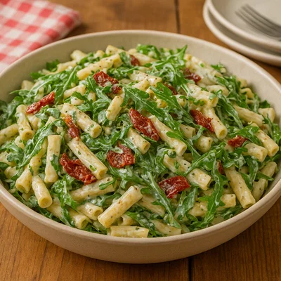 Cremiger Nudelsalat mit Rucola und getrockneten Tomaten