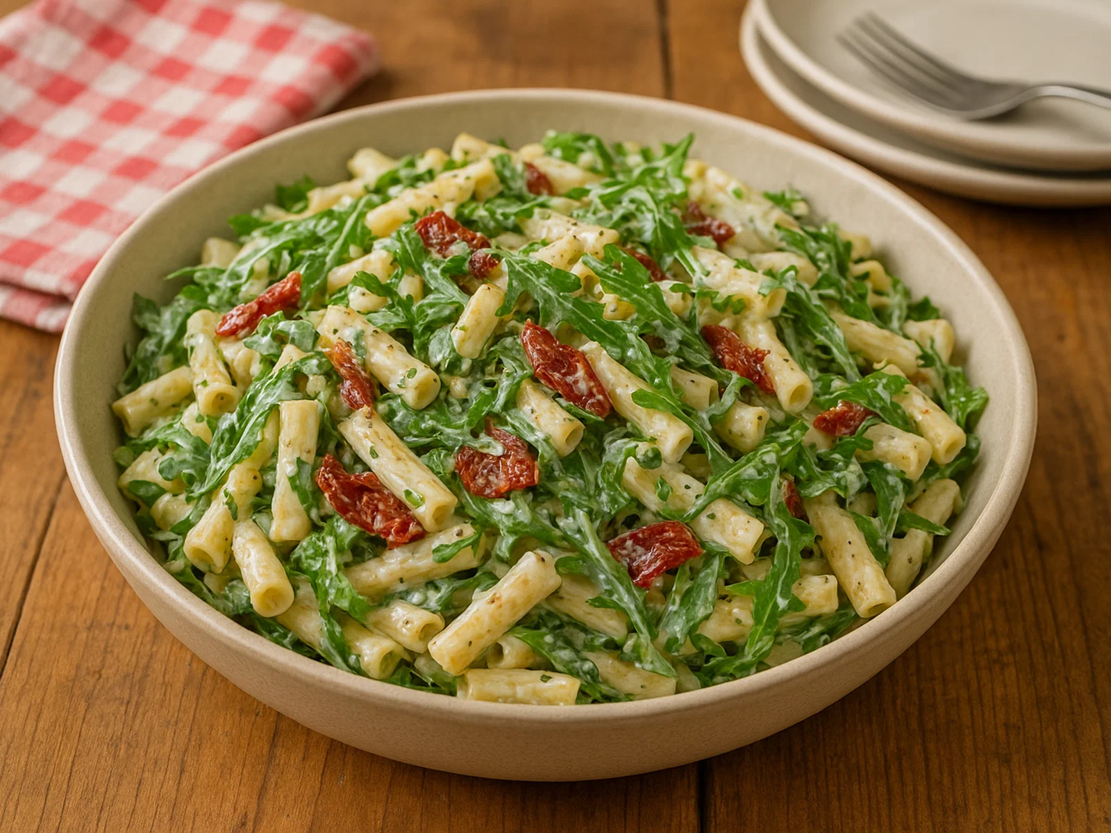 Cremiger Nudelsalat mit Rucola und getrockneten Tomaten