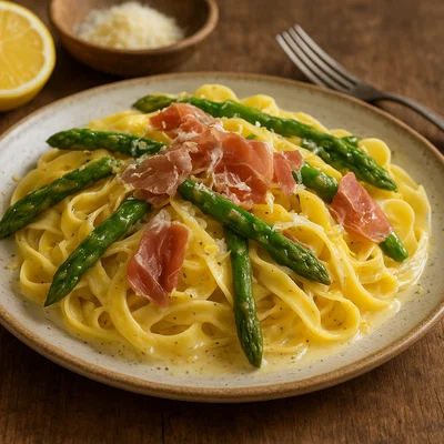 Tagliatelle mit grünem Spargel und Prosciutto