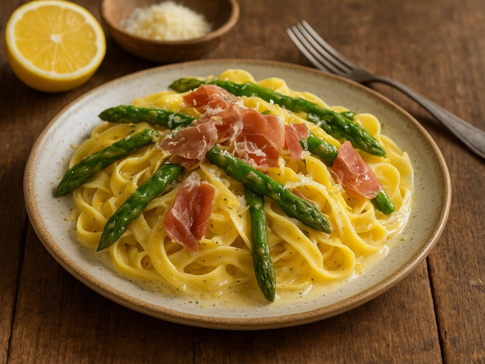 Tagliatelle mit grünem Spargel und Prosciutto