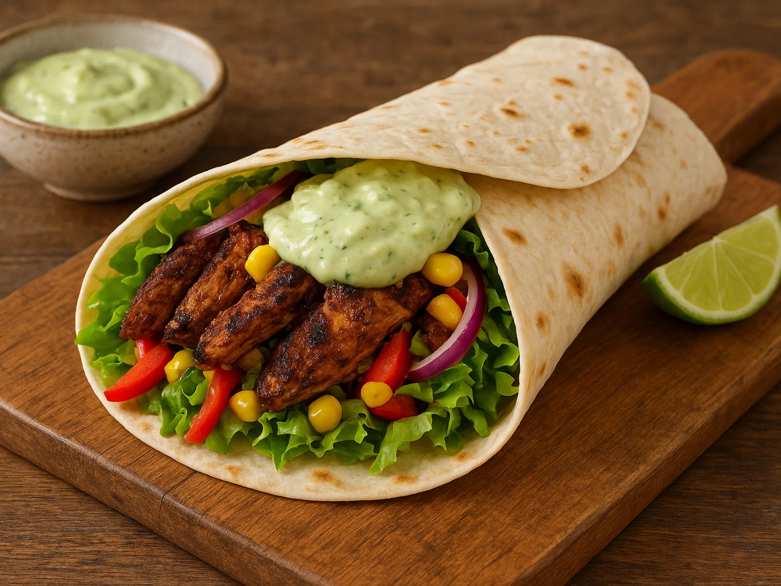 Karibischer Jerk-Hühnchen-Wrap mit Avocado-Creme