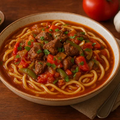 Laghman – Zentralasiatische Handgezogene Nudeln mit Rindfleisch und Gemüse