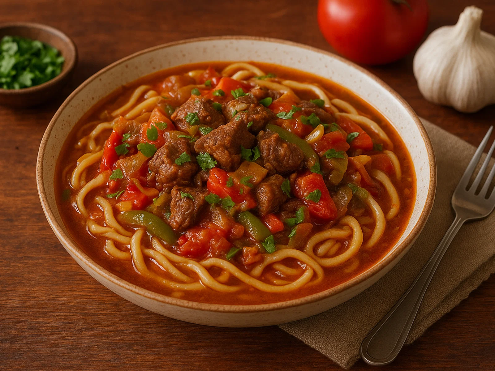 Laghman – Zentralasiatische Handgezogene Nudeln mit Rindfleisch und Gemüse