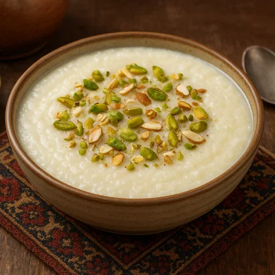 Afghanisches Firnee (Milchpudding mit Kardamom und Rosenwasser)