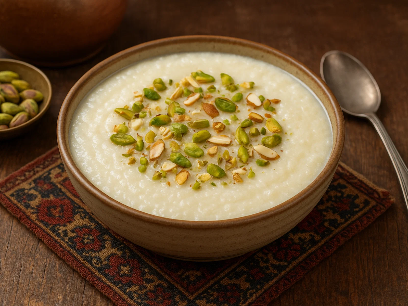 Afghanisches Firnee (Milchpudding mit Kardamom und Rosenwasser)