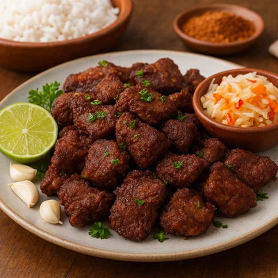 Haitianisches Tassot (knusprig gebratenes, mariniertes Rindfleisch)