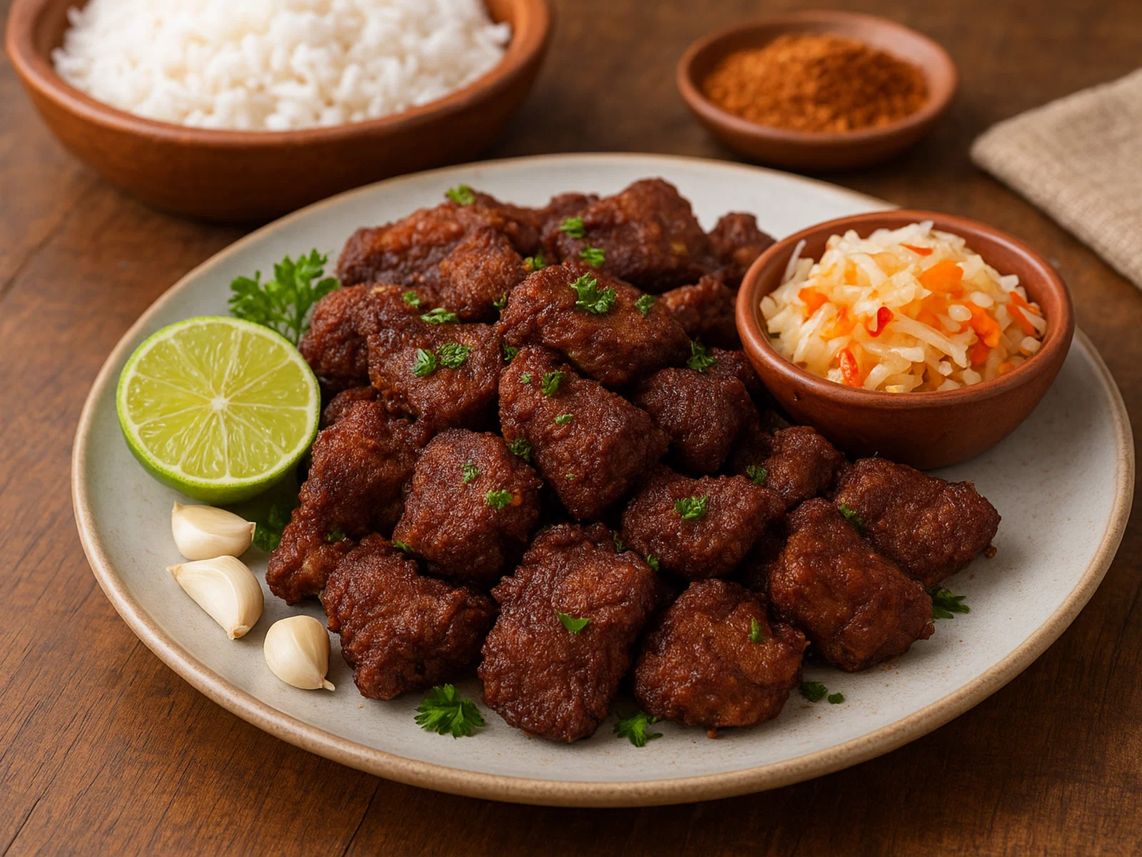 Haitianisches Tassot (knusprig gebratenes, mariniertes Rindfleisch)