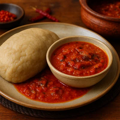 Kokonte mit würziger Palmnusssauce (Ghanaisches Maniokgericht)