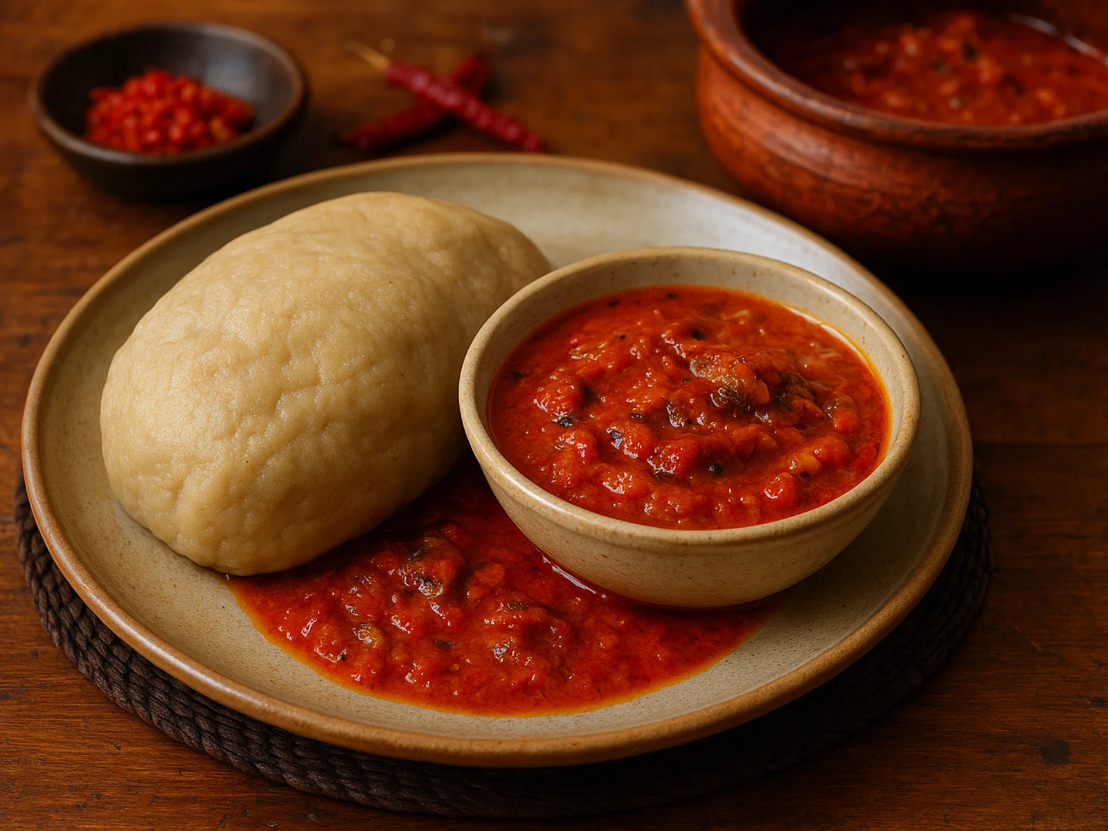 Kokonte mit würziger Palmnusssauce (Ghanaisches Maniokgericht)
