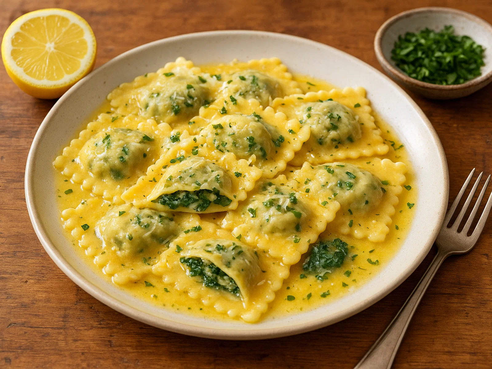 Ravioli mit Ricotta-Spinat-Füllung in Zitronenbutter-Sauce