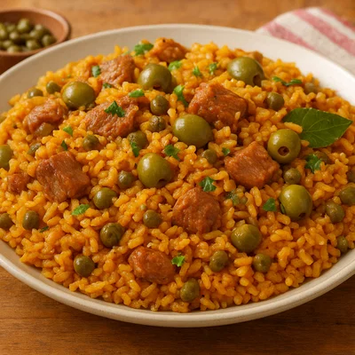 Arroz con Gandules (Puertoricanischer Reis mit Taubenerbsen und Schweinefleisch)