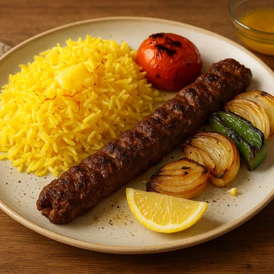 Chelo Kebab mit Safranreis und gegrilltem Gemüse
