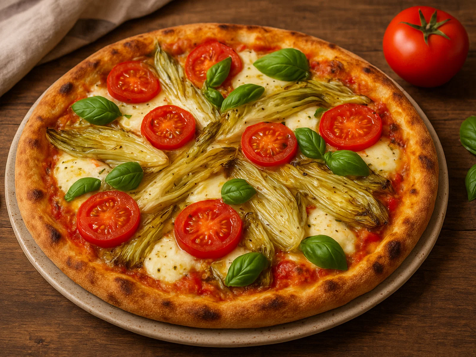 Chicorée-Pizza mit Tomaten und Mozzarella