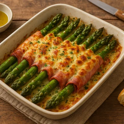 Grüner Spargel auf Schinkenbett mit Käsekruste