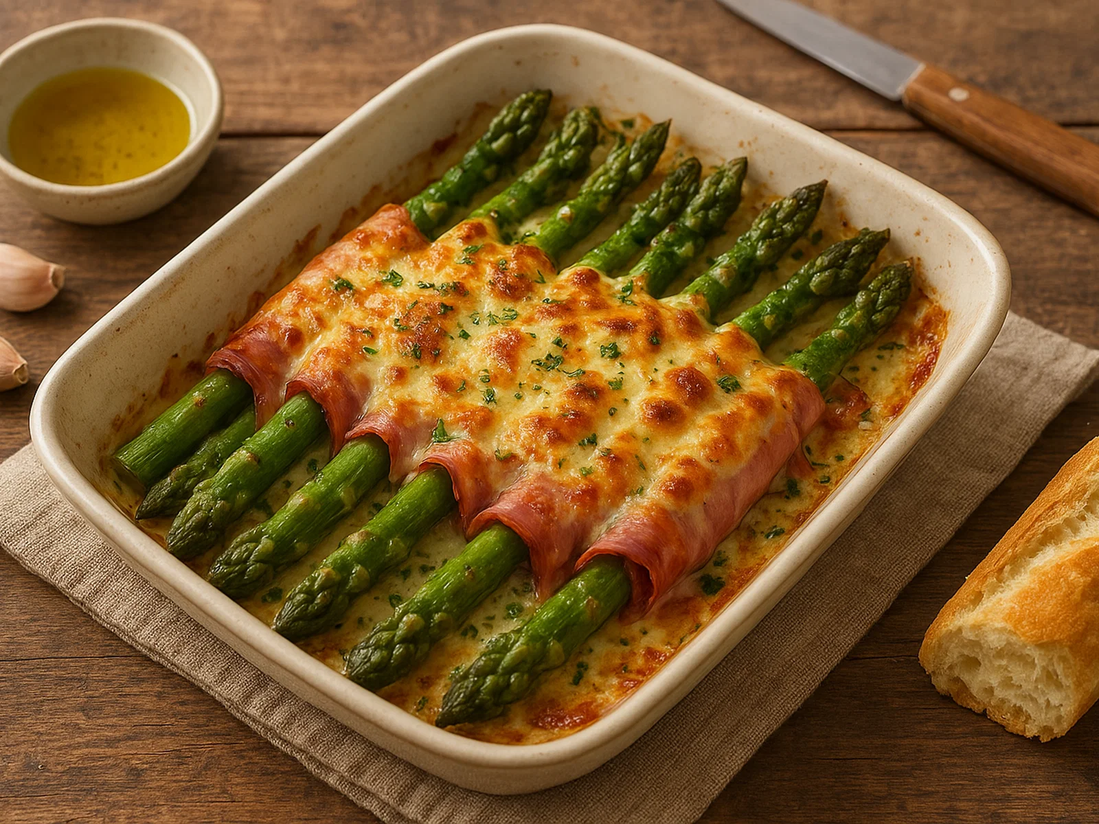 Grüner Spargel auf Schinkenbett mit Käsekruste