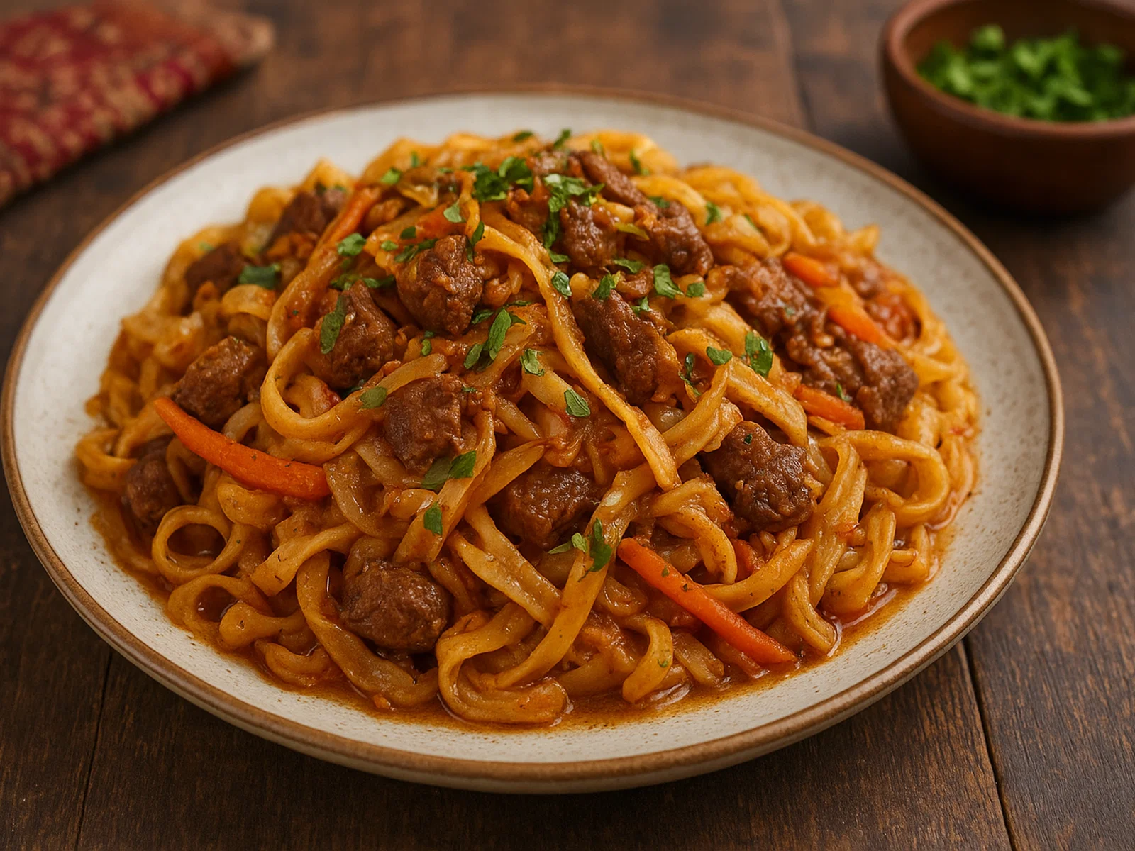 Norin – Zentralasiatische Fleisch-Nudel-Pfanne