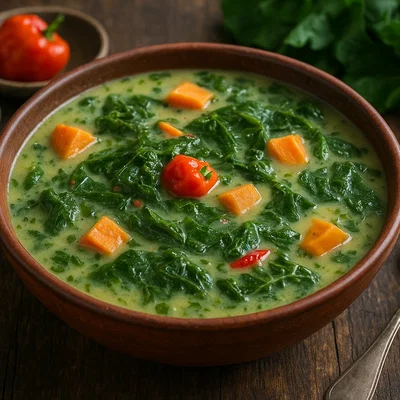 Vegetarische Callaloo-Suppe mit Kokosmilch und Scotch-Bonnet