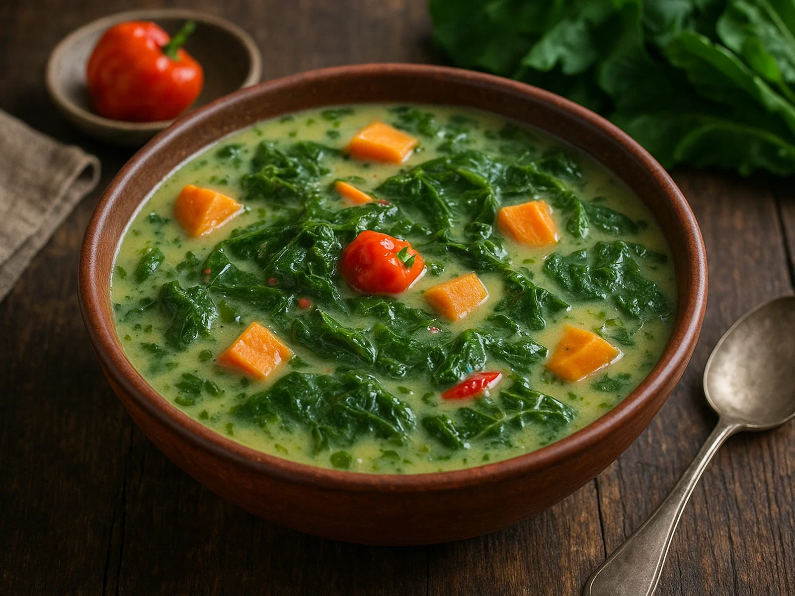 Vegetarische Callaloo-Suppe mit Kokosmilch und Scotch-Bonnet