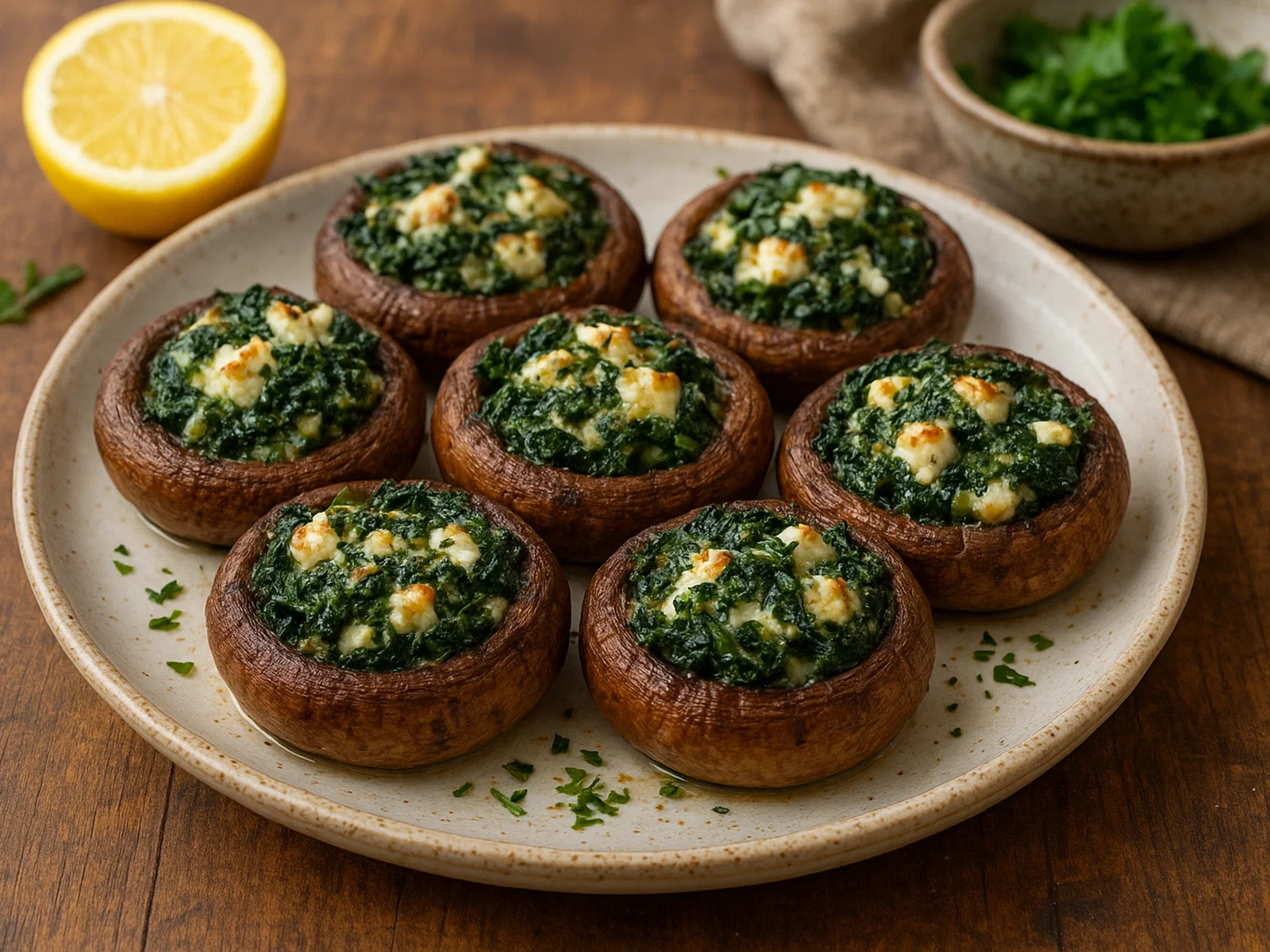 Gefüllte Pilzkappen mit Spinat und Feta