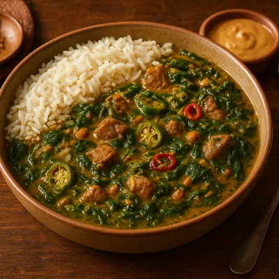Superkanja – Westafrikanischer Okra-Eintopf mit Spinat und Erdnuss