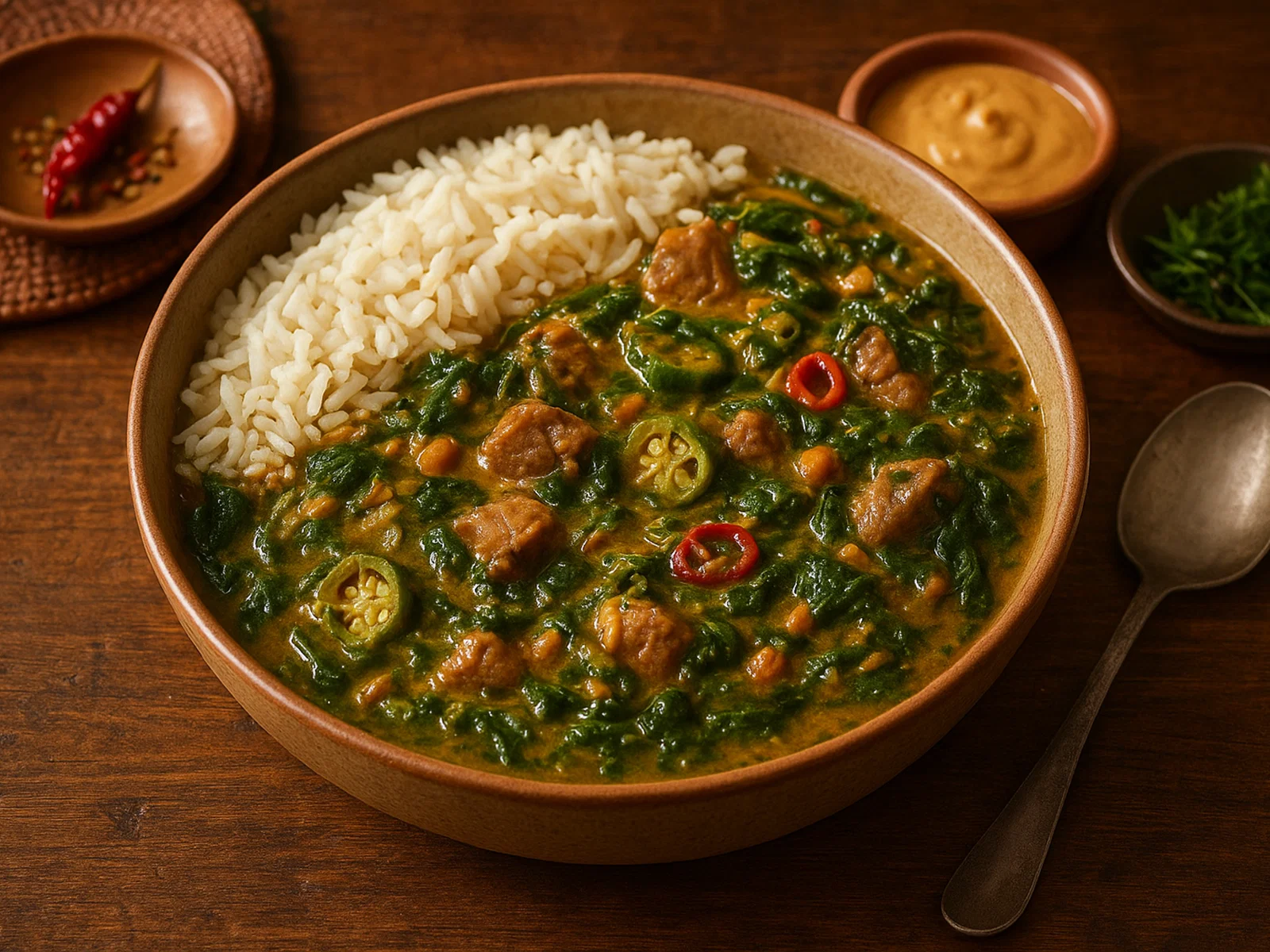Superkanja – Westafrikanischer Okra-Eintopf mit Spinat und Erdnuss