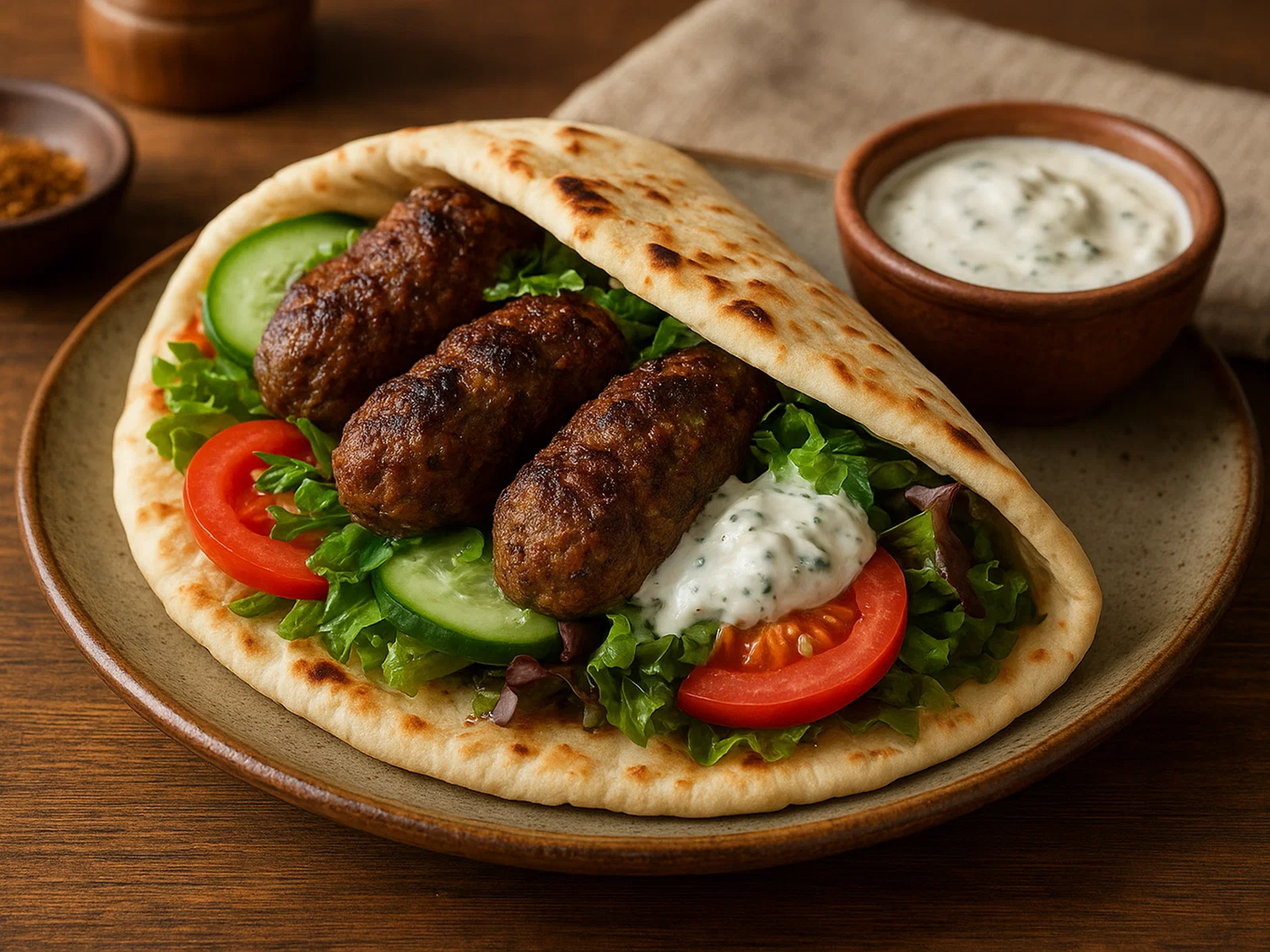Orientalischer Lamm-Köfte-Wrap mit Joghurt-Dip
