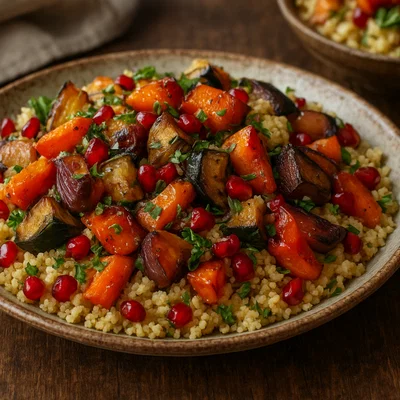 Granatapfel-Couscous mit geröstetem Gemüse
