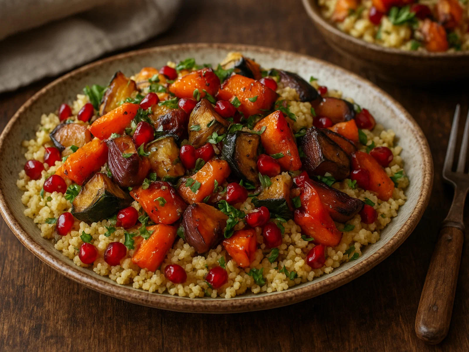 Granatapfel-Couscous mit geröstetem Gemüse