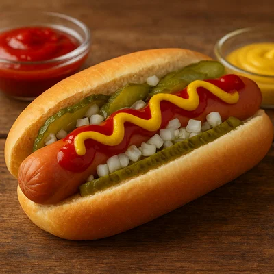 Klassischer Hot Dog mit Würstchen, Gurken, Senf und Ketchup
