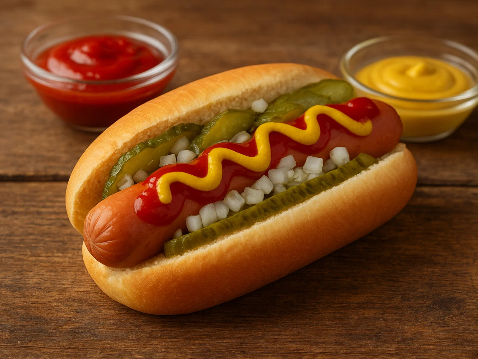 Klassischer Hot Dog mit Würstchen, Gurken, Senf und Ketchup