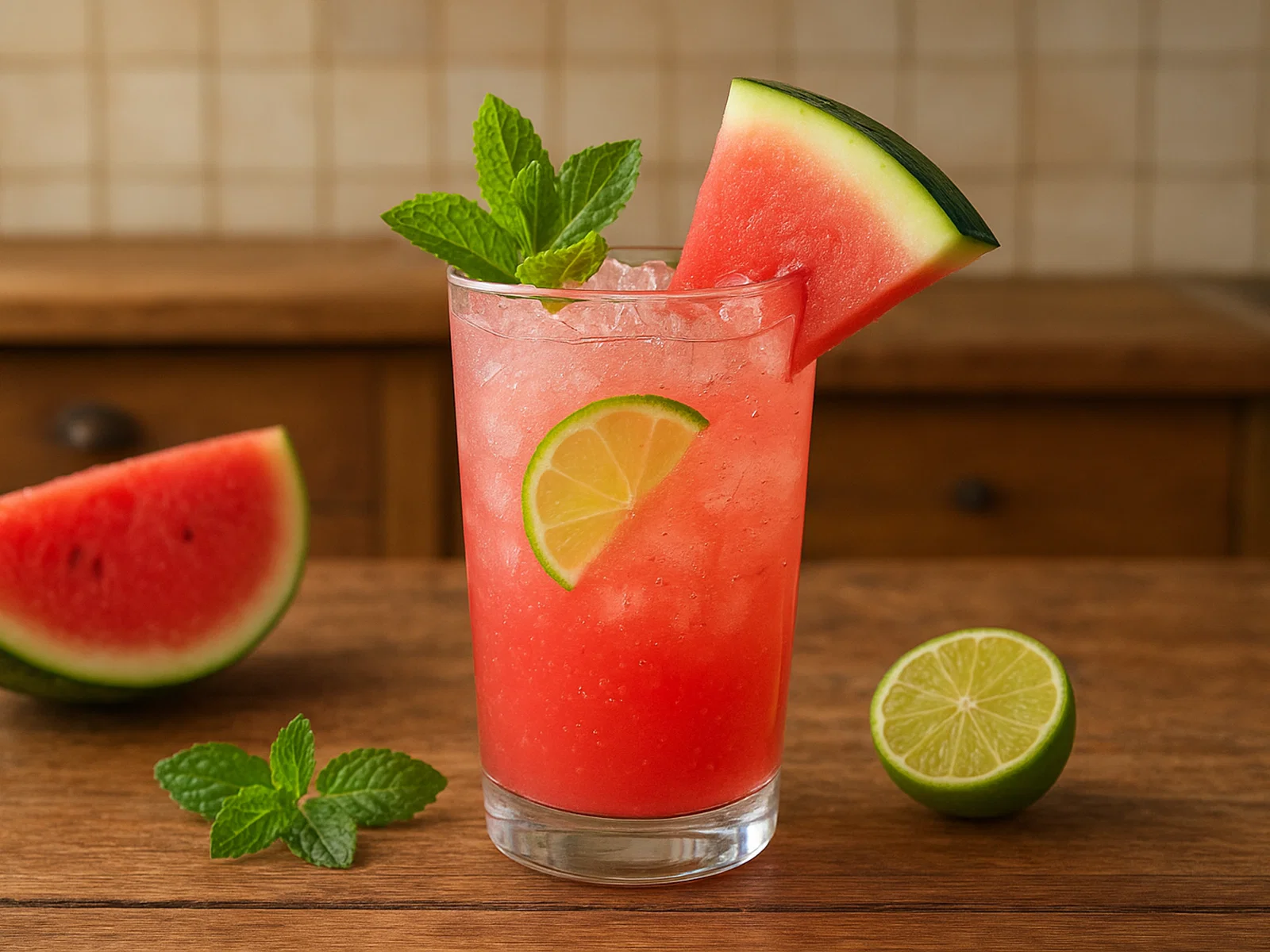 Erfrischender Wassermelonenspritzer mit Limette und Minze