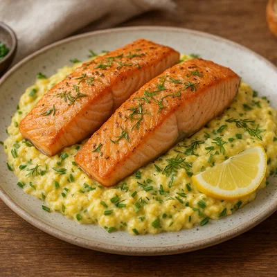 Zarter Lachs auf cremigem Kräuter-Rührei