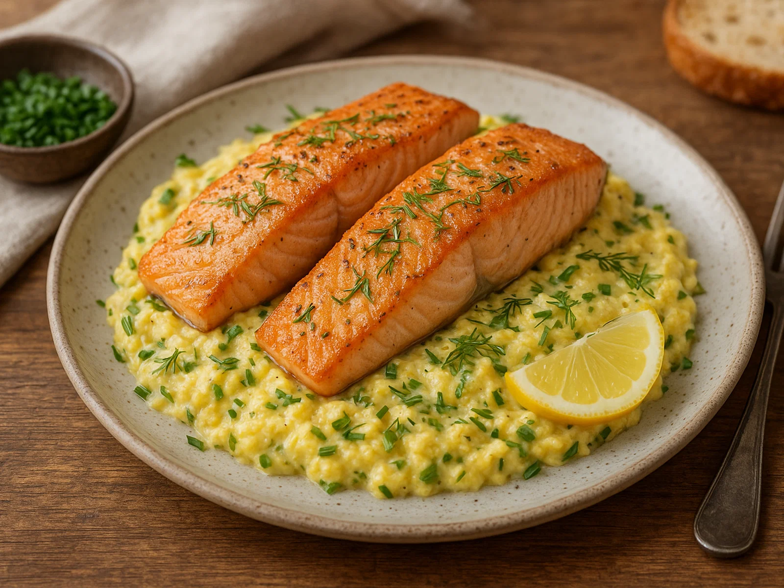 Zarter Lachs auf cremigem Kräuter-Rührei