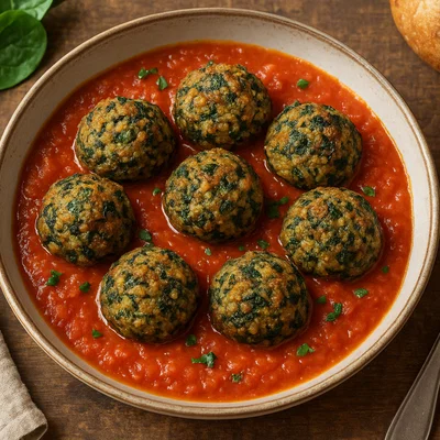 Quinoa-Spinat-Bällchen in würziger Tomatensauce