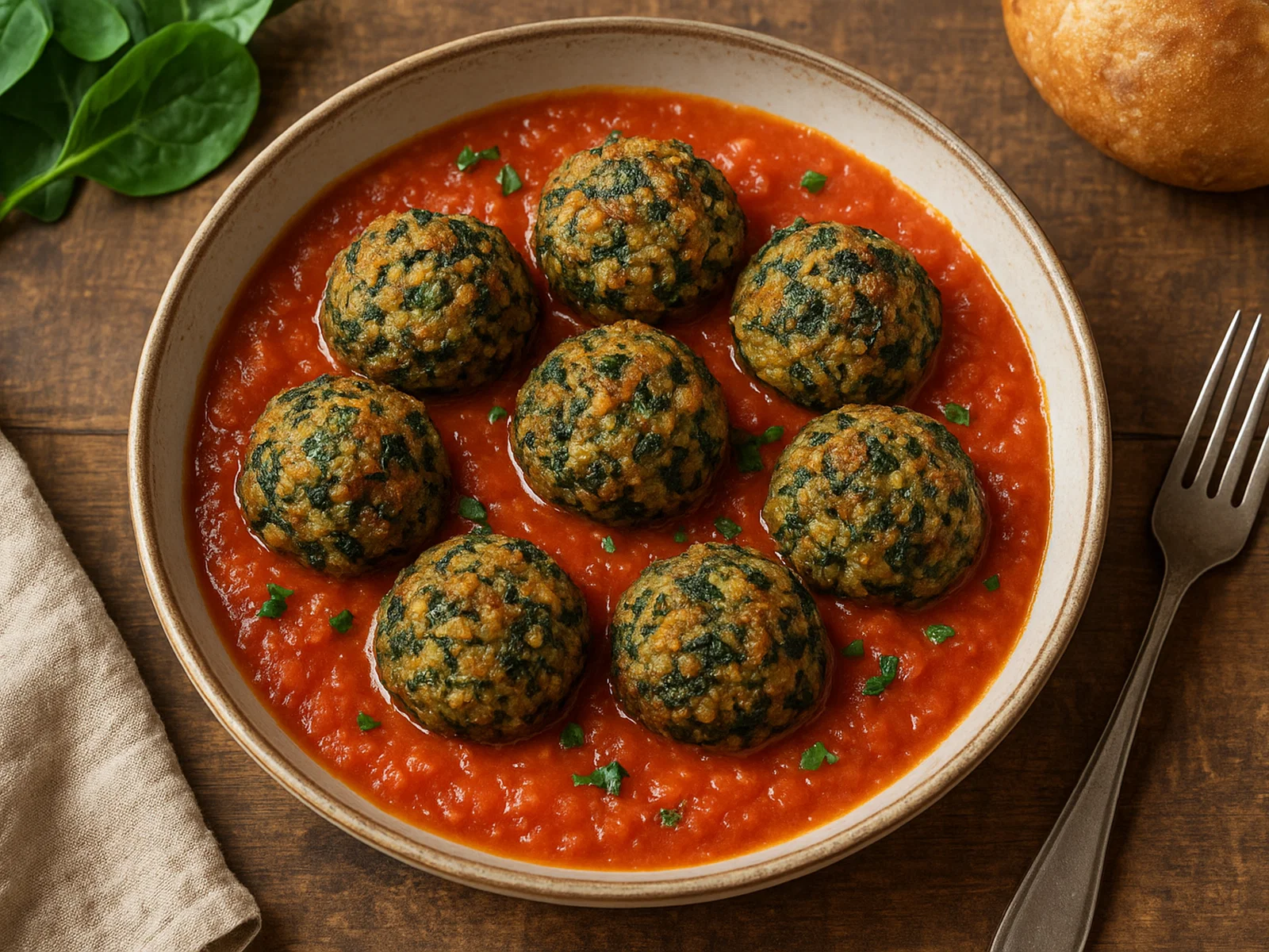 Quinoa-Spinat-Bällchen in würziger Tomatensauce