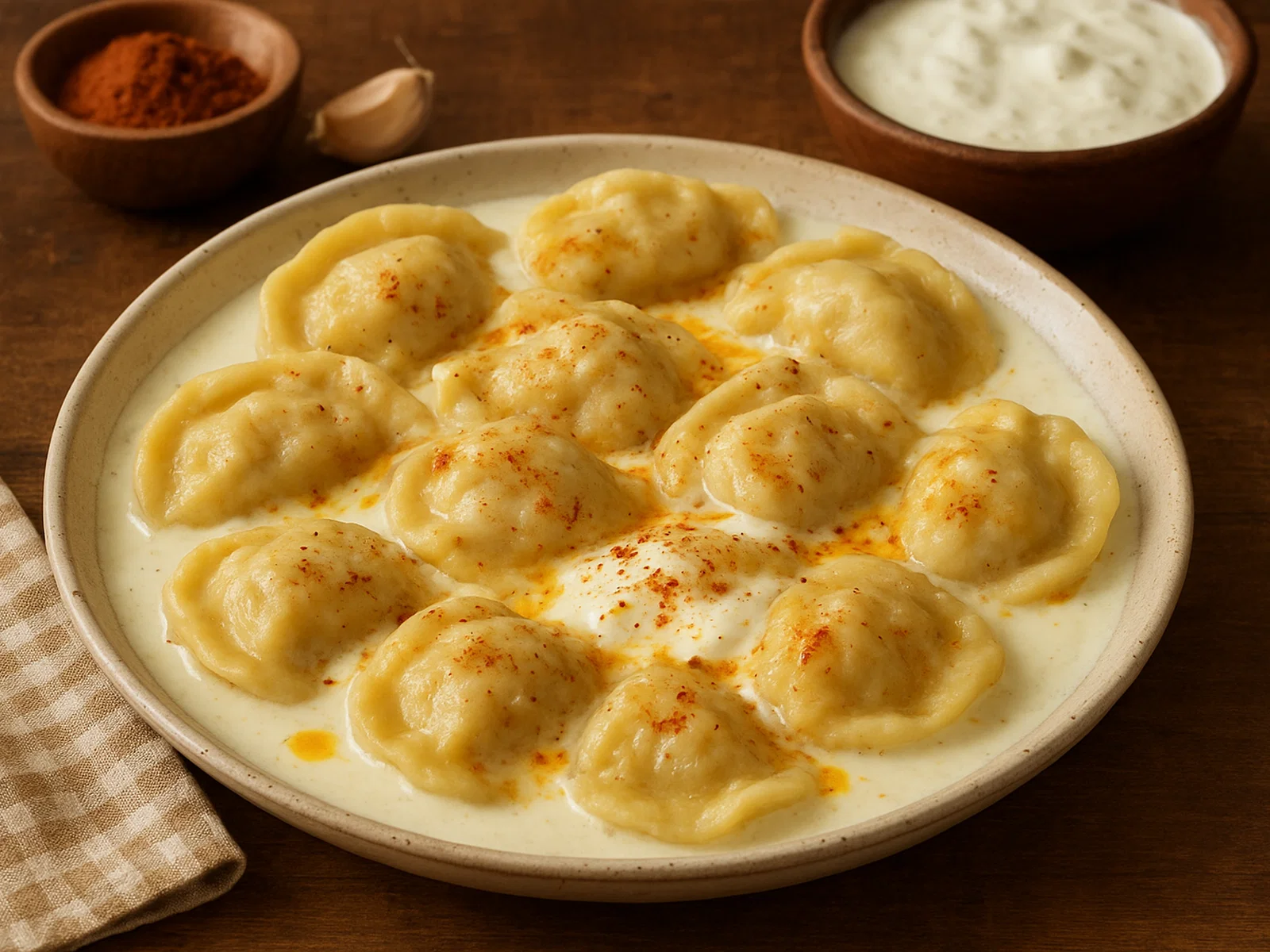 Bosnische Klepe mit Joghurt-Knoblauch-Sauce