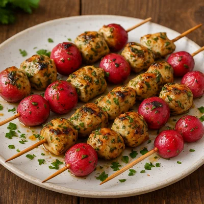 Gegrillte Radieschen‑Spieße mit Kräuter-Hähnchen