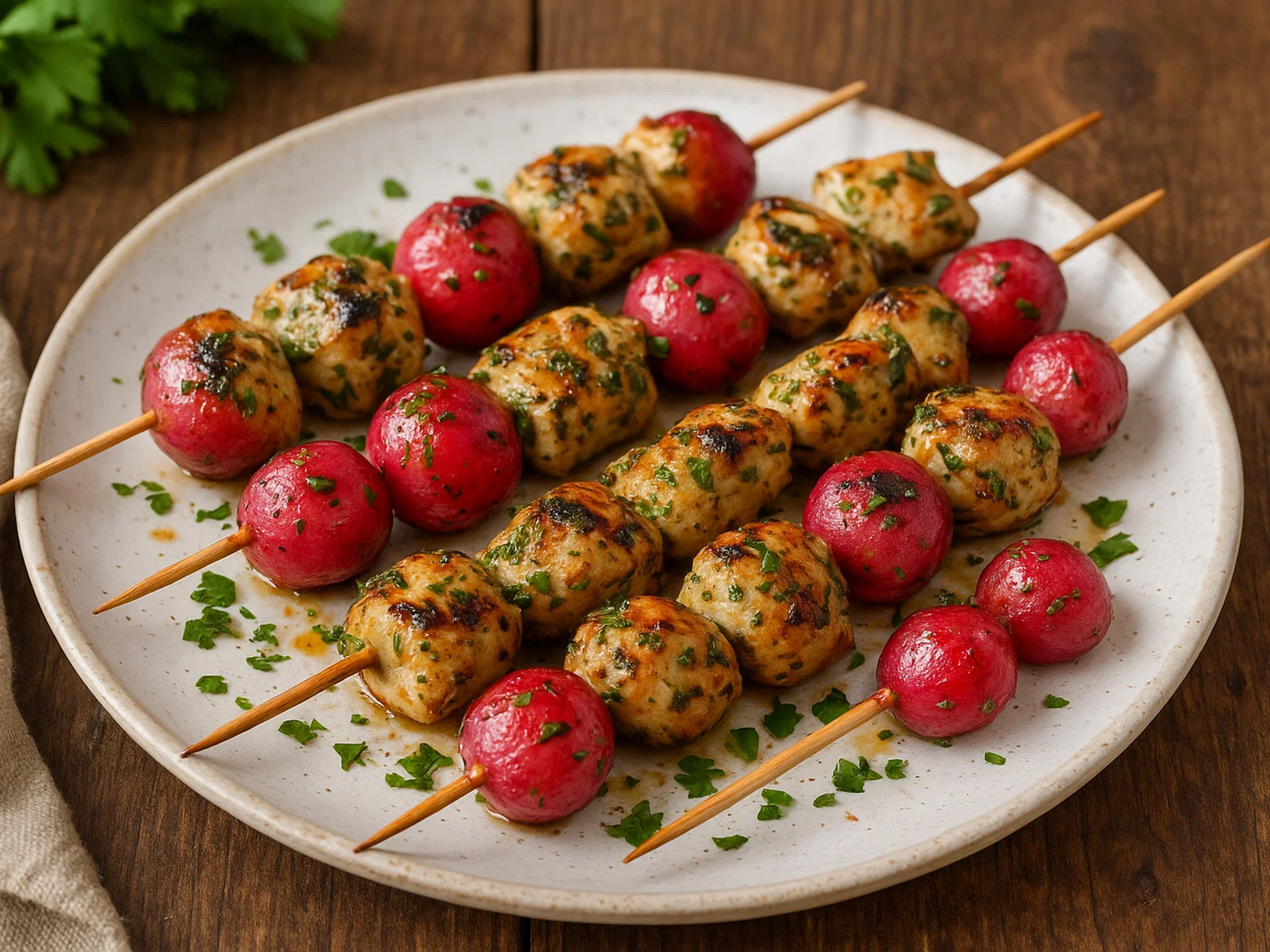 Gegrillte Radieschen‑Spieße mit Kräuter-Hähnchen