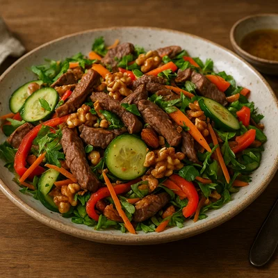 Rindfleisch-Salat mit gerösteten Nüssen und aromatischem Dressing