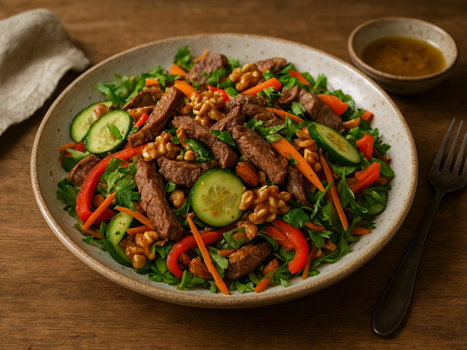 Rindfleisch-Salat mit gerösteten Nüssen und aromatischem Dressing