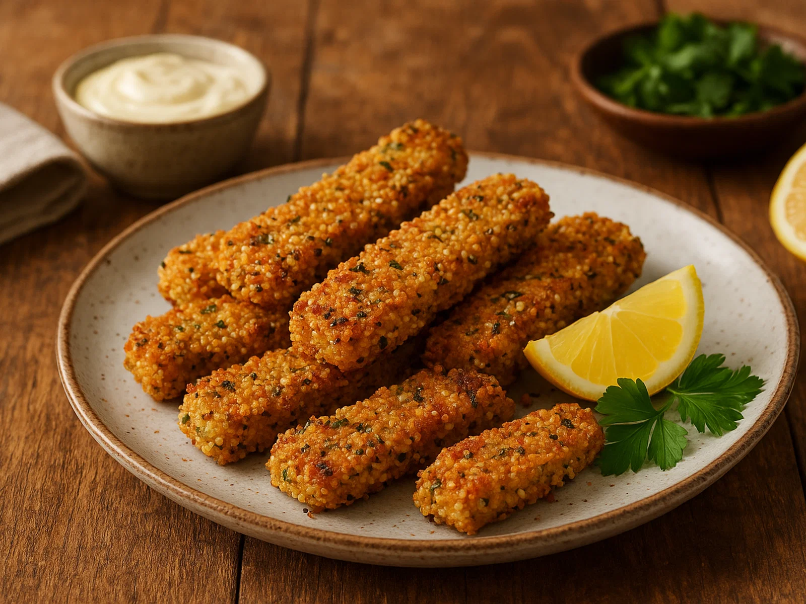 Knusprige Quinoa-Fischstäbchen aus dem Ofen
