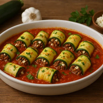 Gefüllte Zucchiniröllchen mit Hackfleisch und Feta in Tomatensauce