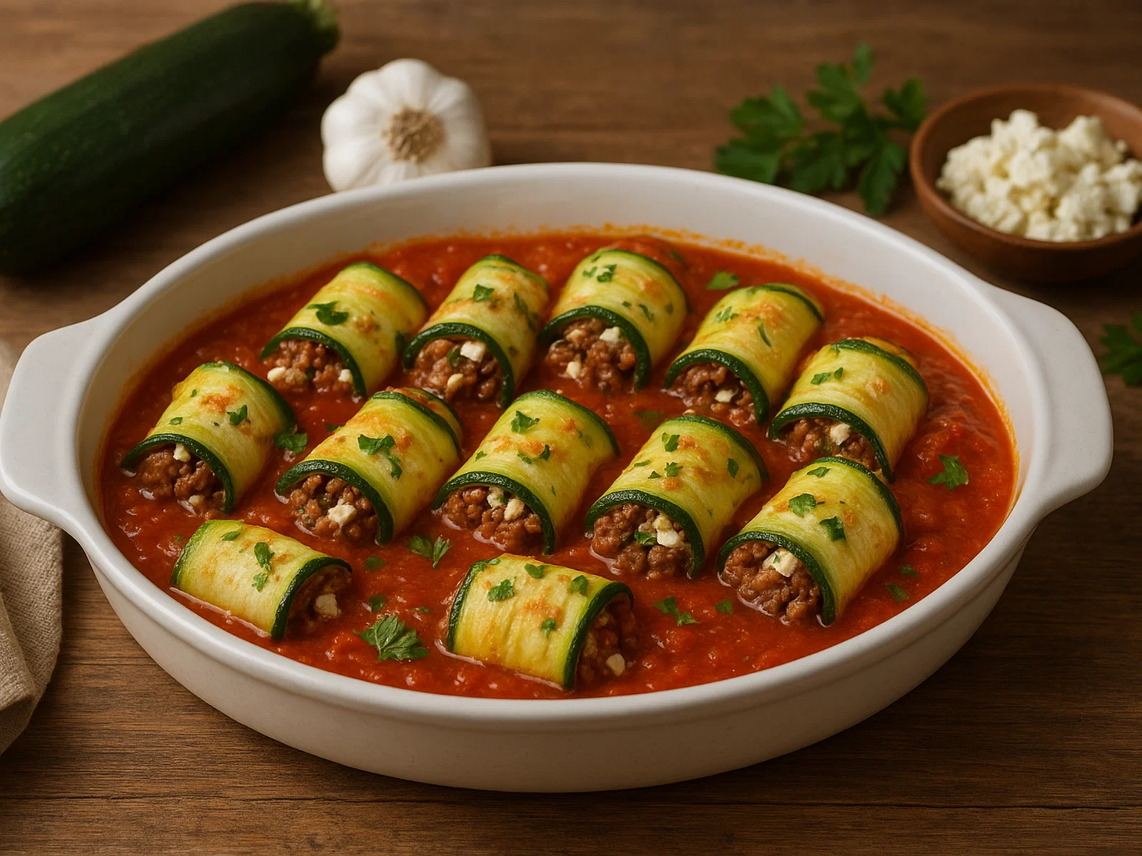 Gefüllte Zucchiniröllchen mit Hackfleisch und Feta in Tomatensauce
