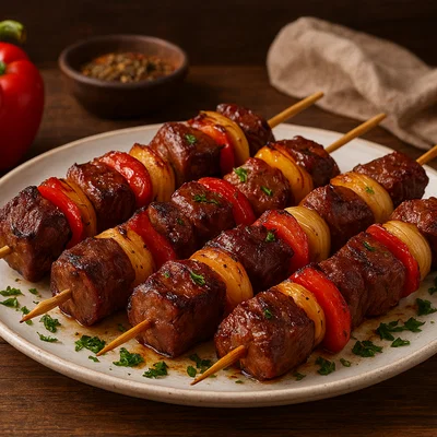 Rindfleisch-Schaschlik mit Paprika und Zwiebeln